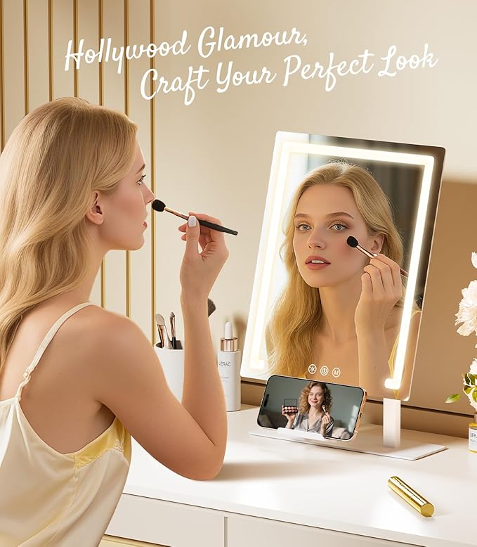 Gospire Lighted Makeup Mirror, Hollywood 4000mAh Rechargeable Vanity Mirror with 5X/10X Magnification, 3-Color Dimmable Lighting, Touch Control, Phone Holder, 11”x16.8” LED Tabletop Mirror for Bedroom