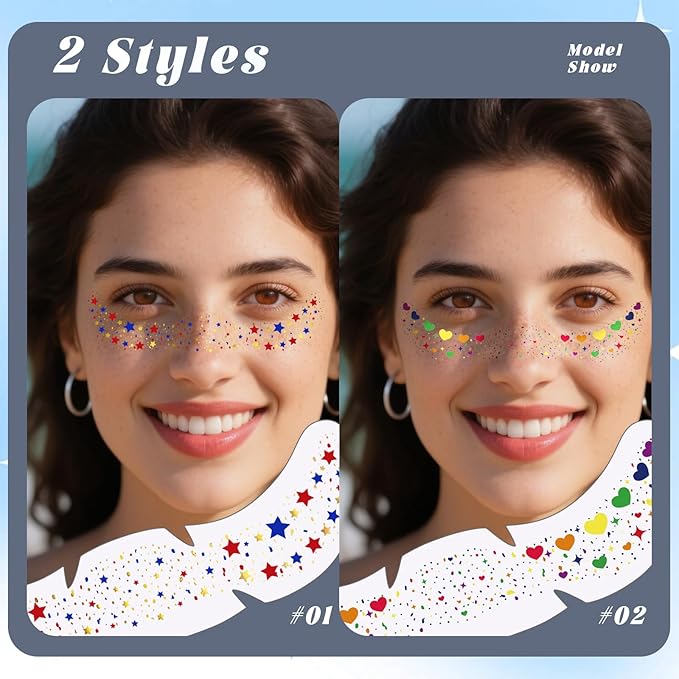 12pcs Rich Rainbow Color Glitter Freckles Face Tattoo, Waterproof Long Lasting Multicolor Speckles Patches for Women Kids, Cute Heart&Star Temporary Tattoo Makeup Rave Accessories for Festival