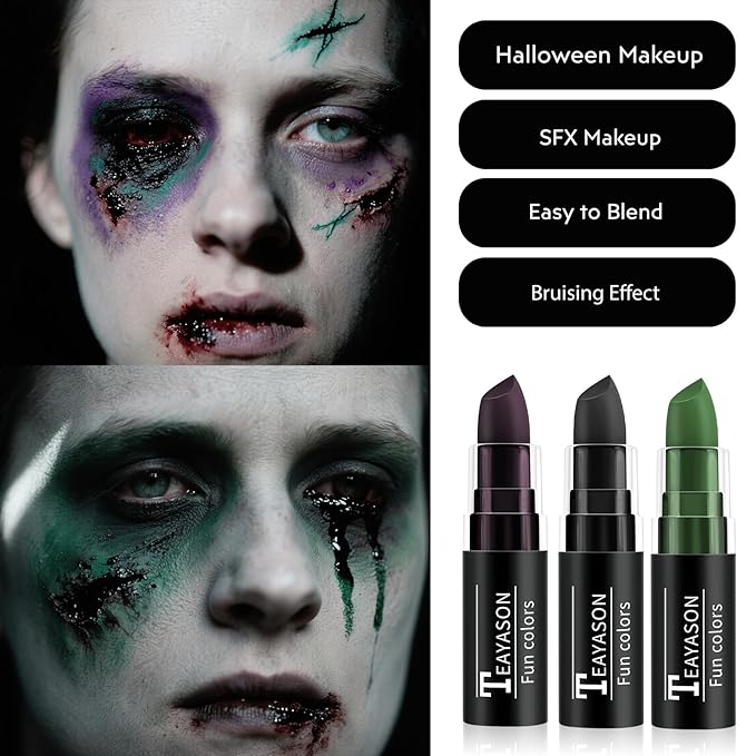 Purple Black Green Face Paint Halloween Makeup Kit, Matte Lipstick Set, Waterproof Body Paint Face Makeup for Halloween Ursula Witch Alien Frankenstein Zombie Clown Vampire Skeleton Skull Joker