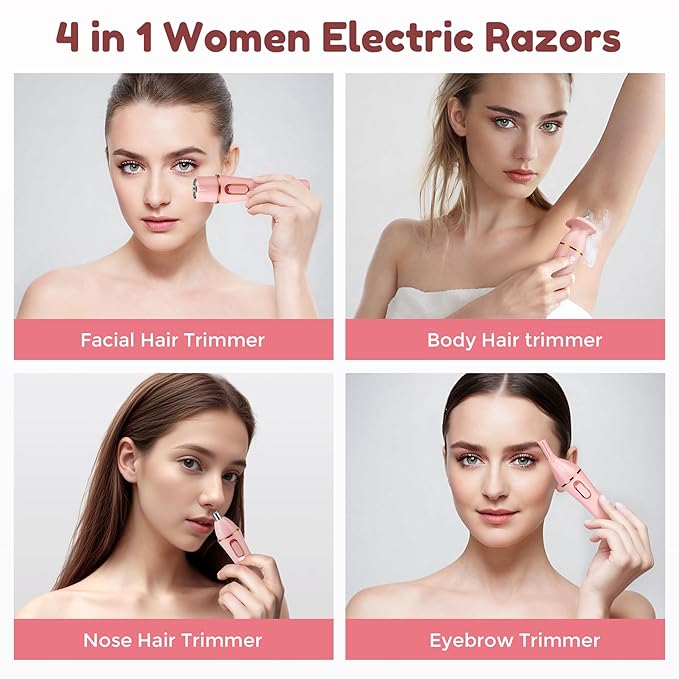 4 in 1 Women Electric Shavers, Hair Trimmer for Pubic, Legs, Arm, Underarm, Bikini, Face Shaver for Women, Rechargeable Hair Removal Epliators, Birthday, Christmas, Gifts (Pink)