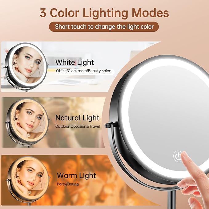 Benbilry 8 Inch Lighted Makeup Vanity Mirror with 3 Color Dimmable Lights, 1X/10X Magnifying Rechargeable Double Sided Light Up Cosmetic Mirror, 360° Swivel Cordless Standing, Black