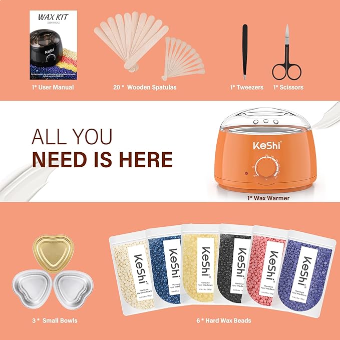 KeShi Waxing Kit, Painless Hair Removal Wax Warmer with 6 Bags Hard WaxBeans for Full Body, Legs, Face, Eyebrows & Bikini— Ideal for Both Women & Men(Orange)
