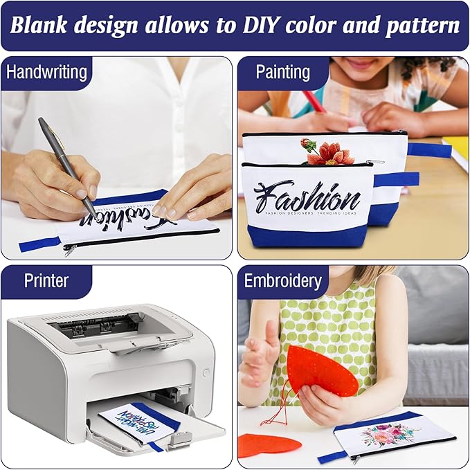 10 Pieces Cotton Canvas Makeup Bag with Bottom and Strap, Multi-Purpose Cosmetic Bag with Zipper Travel Toiletry Pouch, Blank DIY Craft Bag (White&Blue, L)