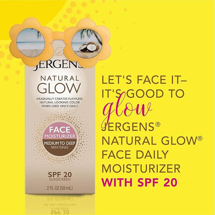 Jergens Natural Glow Self Tanner Face Moisturizer with SPF 20 Facial Sunscreen, Medium to Deep Skin Tone, Sunless Tanning, Oil Free, Broad Spectrum Protection UVA and UVB, 2 oz (Packaging May Vary)