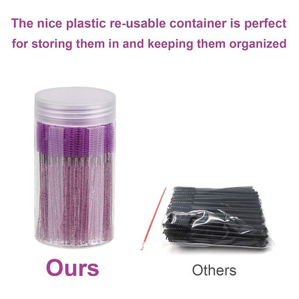 CHEFBEE 100PCS Disposable Eyelash Brush, Mascara Wands Makeup Brushes Applicators Kits for Eyelash Extensions and Eyebrow with Container (Purple)