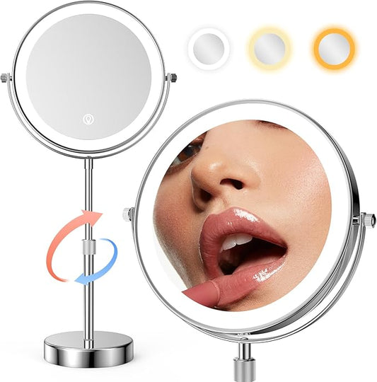 Nicesail LED 7X Make up Mirror of 8 Inch, 4000 mAh Rechargeable Mirror with Light of 3 Colors, Brightness Adjustable, Height Adjustable, Double Sided in Chrome Finish (8 Inch, 7X)
