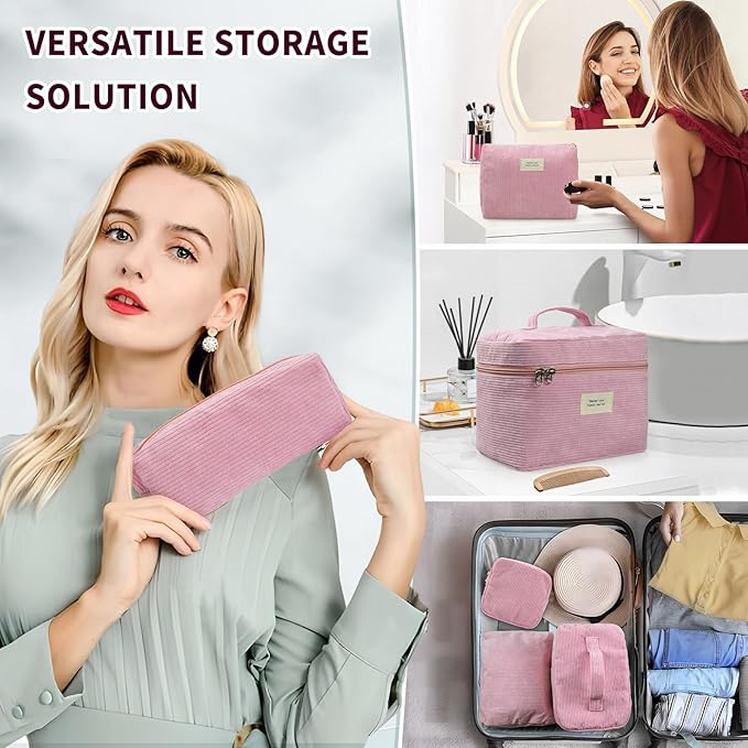 4 Pcs Makeup Bag for Women Corduroy Cosmetic Bag Aesthetic Cute Bags Multi Size Purse Pouch Travel Toiletry Bag Set Makeup Organizer with Zipper(Pink)