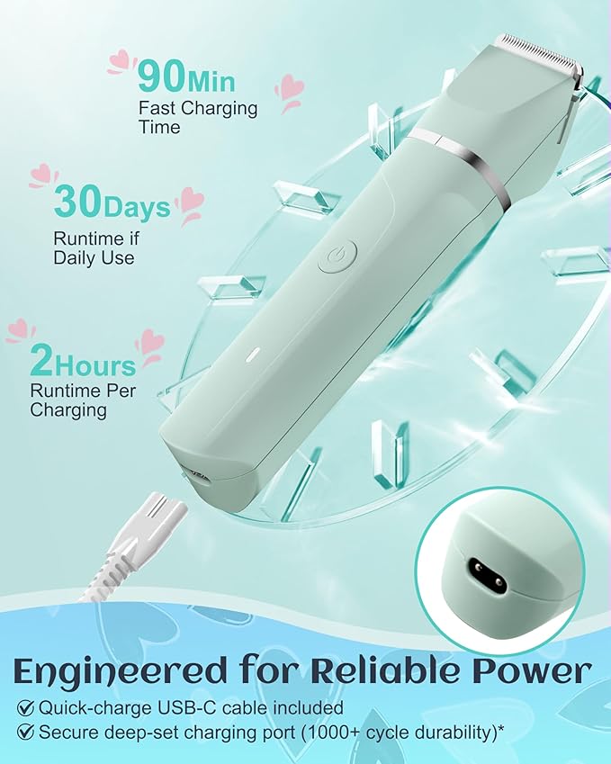 Waterproof Bikini Trimmer Women Electric Razor for Pubic Hair Women's Foil Shaver Rechargeable Shaver Removal with Snap-in Ceramic Blades IP7X Washable Head,Wet and Dry Use,Green