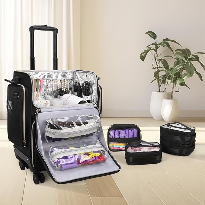 OCHEAL Hairstylist Traveling Case with 4 Clear Travel Makeup Bags Set, Cosmetic Makeup Trolley Train Case Hairdresser Case with Detachable Pouch & 360° Rotatable Wheels for HairdressingTool Organizer