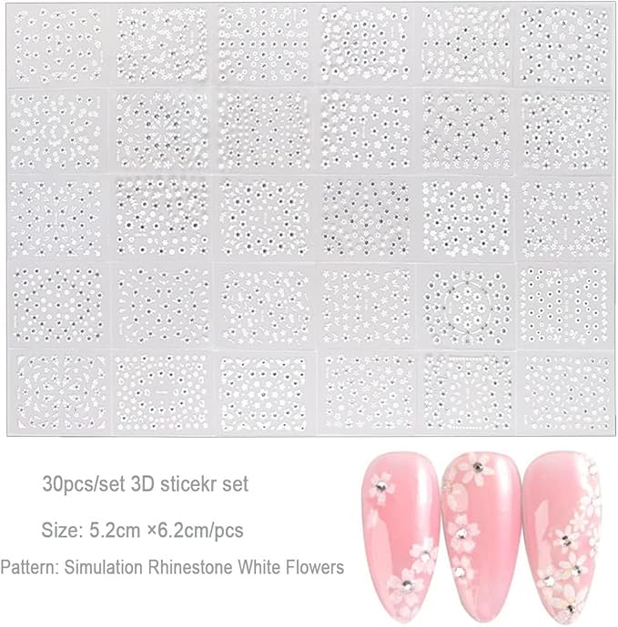White Flower Nail Art Stickers White Flower with Rhinestones Nail Decals 3D Self Adhesive Nail Stickers Nail Art Designs Flowers Sticker for Nails Decorations 30 Sheets