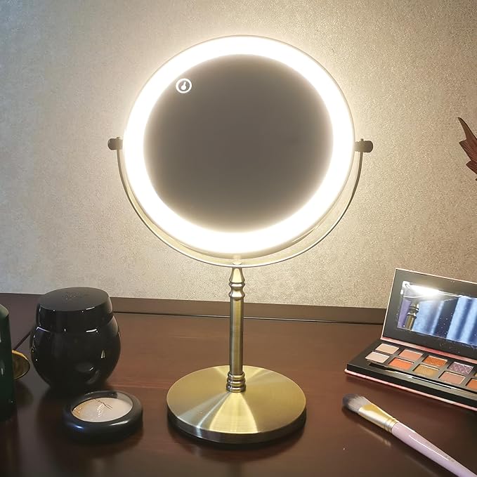 Nicesail Makeup Mirror with Light, Magnifying Mirror with 3 Color Lighting Adjustable Brightness, 360 Rotation Double Sided for Table, Antique Bronze (8 Inch, 7X Magnification)