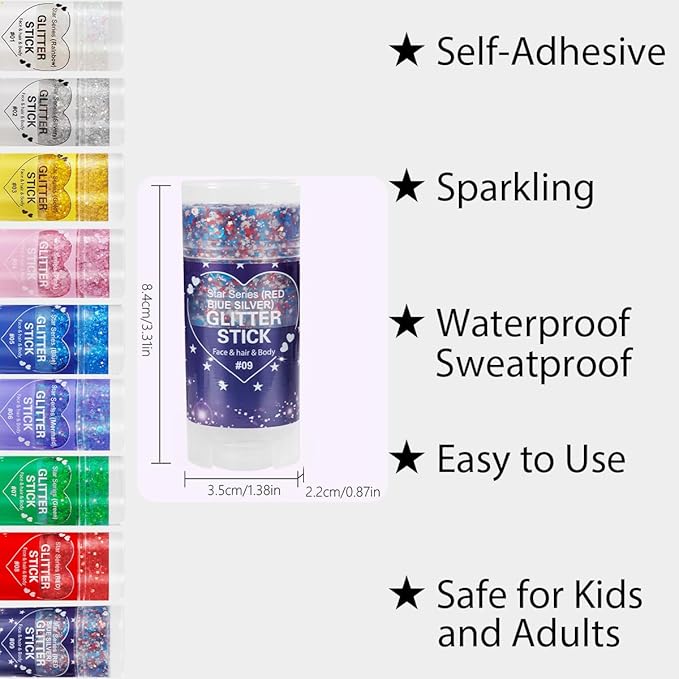 Mysense Patriotic Red White and Blue Body Glitter Stick,4th of July Accessories,Sparkling Face Hair Glitter for Fourth of July Outfit Women Kids,American Pride USA Flag Makeup for Independence Day