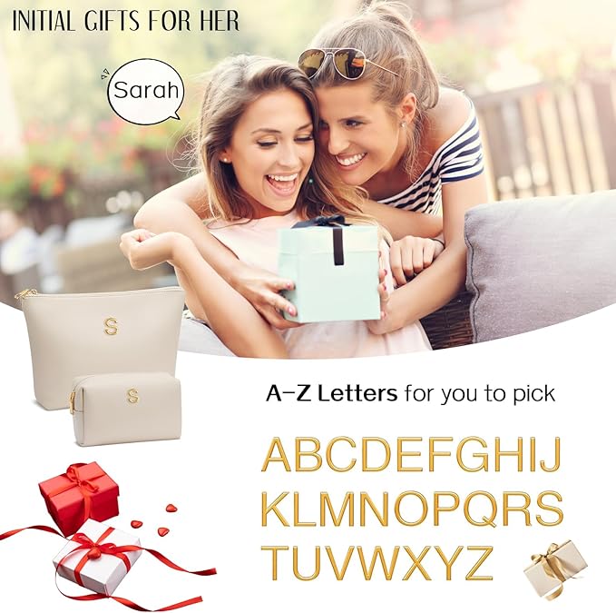 Women Gifts | Initial Makeup Bag Set for Girl Personalized Gifts for Bridesmaid Friend Graduation Teachers PU Leather Cosmetic Travel Toiletry Bag(Beige,T)