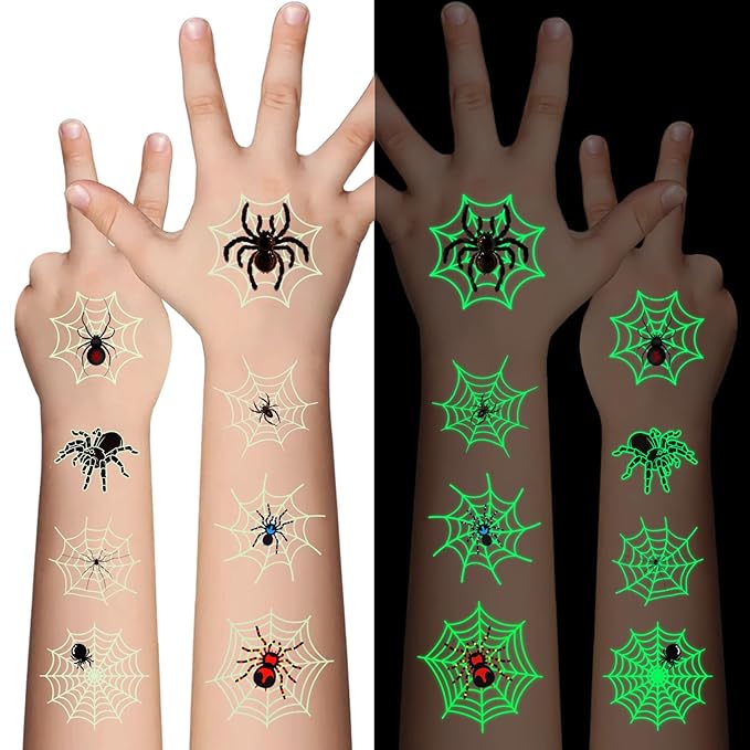 Halloween Luminous Spider Temporary Tattoos for Kids - 10 Sheets Glow In The Dark Halloween Spider Web Tattoos for Boys and Girls, Halloween Cosplay Face Makeup Accessories Holiday Party Gifts
