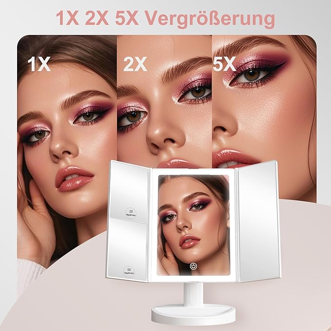 S'bagno LED Makeup Mirror with 1X/2X/5X Magnification, Dimmable Light, Rotation for Beauty, Makeup, Skincare & Grooming