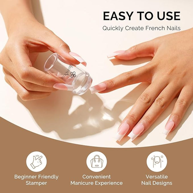 MelodySusie Nail Stamper Kit, Silicone French Tip Stamp Tool, 1PC Stamper, 1PC Scraper, 2PCS Stamping Plates, 2PCS Silicone Replaceable Heads for DIY Home French Manicure & Salon Art, Transparent