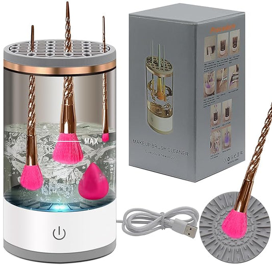 Electric Makeup Brush Cleaner Machine: Portable Face Beauty Brushes Cleaning Blender with Silicone Holder, Facial Care Tool Washer, Sponge Washing Device, Girls Travel Cosmetic Organizer (Black)