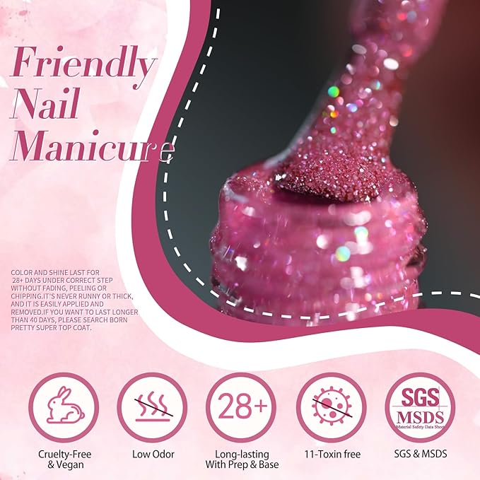 BORN PRETTY Reflective Glitter Gel Nail Polish Pink Holographic Colorful Glitter Spring Summer Gel Polish Sparkly Shiny Disco DJ LED Gel Nail Polish Nail Varnish 6PCS