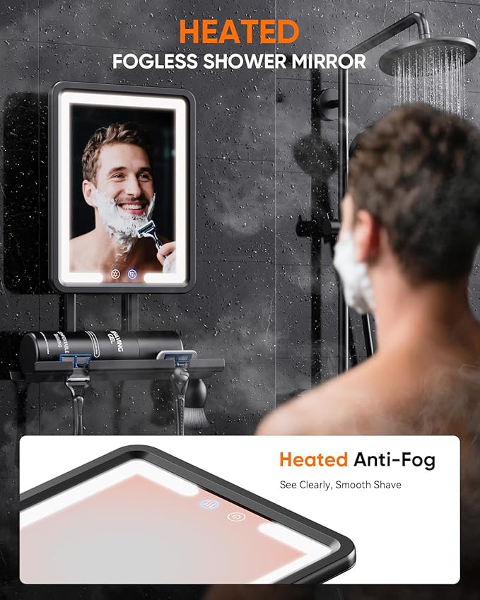 Heated Shower Mirror Fogless for Shaving 2025 New, 3 Colors Stepless Dimmable Lights Anti Fog Shower Mirror, Fog Free Mirror for Shaving with Razor Holder for Men, NO-Drilling, Removable - Black