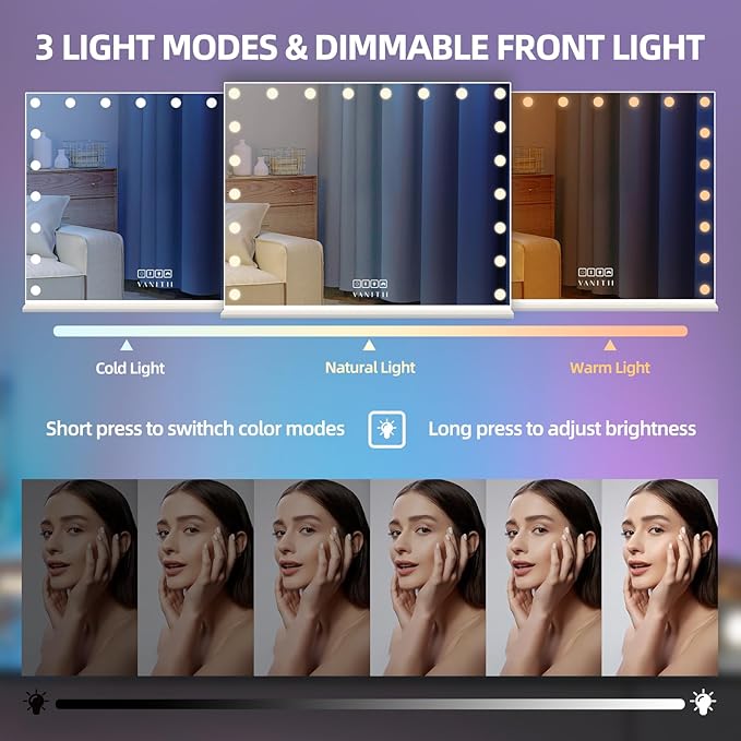 VANITII Large Vanity Mirror with RGB Lights 40"x32" Hollywood Mirror with Lights and Speaker Lighted Makeup Mirror with 20 LED Bulbs Dimmable Smart Touch Mirror for Desktop Wall-Mount