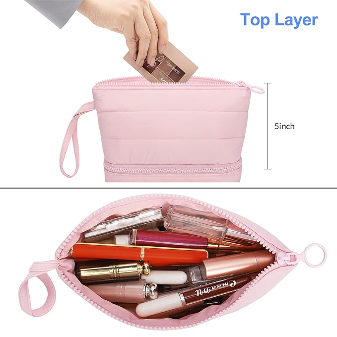 Ethereal Small Makeup Bag, Cute Puffy Travel Makeup Organizer Bag for Women Daily Double Layer Cosmetic Bag Portable Makeup Brush Bags, Pink