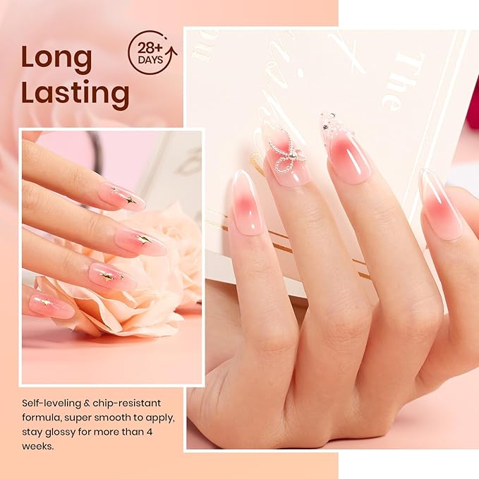 Beetles Pink Jelly Gel Nail Polish, 8Pcs Nude Brown Nails Sunset Rose Collection Gel Polish Nails Art Soak off Uv LED Manicure Gift Set Nail Trend Gift for Women