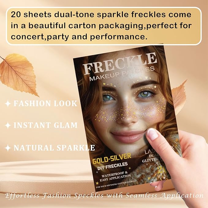 20 Pcs Gold and Silver Face Makeup Patches, Gold & Silver Glitter Freckles Face Tattoos, Gold Glitter Freckles, Sparkle Makeup Patches, Waterproof Face Glitter Patches for Women