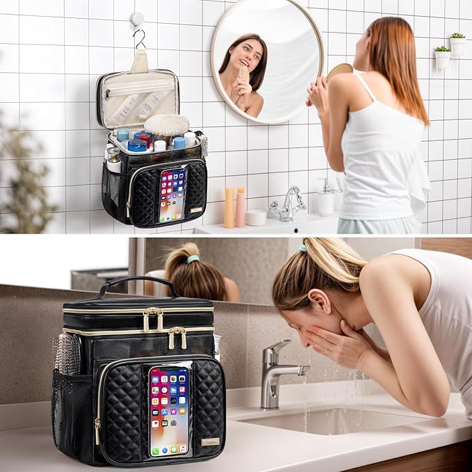 Large Leather Toiletry Bag for Women Men,Bathroom Bag,Water Resistant Portable Shower Caddy for College Dorm,Hanging Toiletry Bags for Traveling,Gym Camping Cruise Ship Travel Essentials Shower Bag