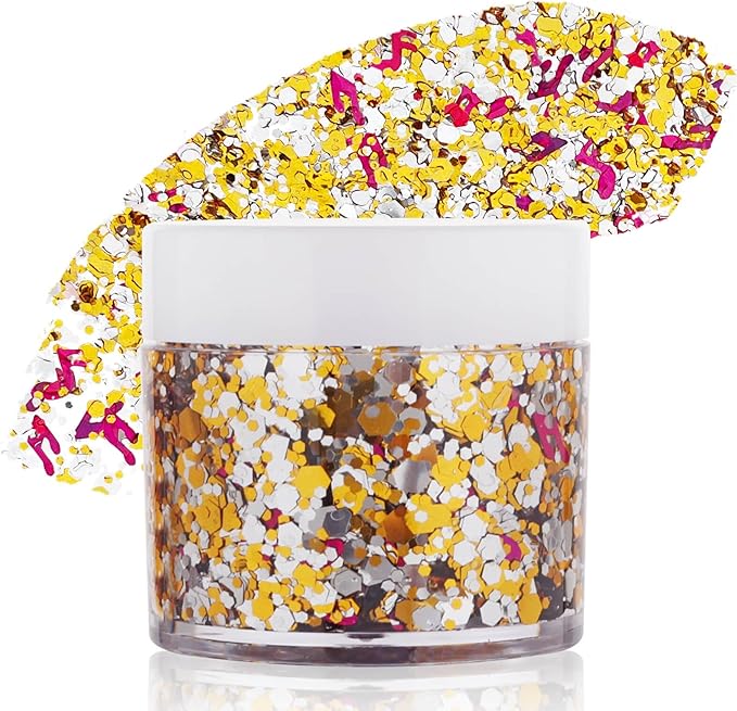 Gold Silver Glitter Gel,Holographic Chunky Singer Concert Body Glitter Rave Music Festival Accessories,Mardi Gras Sequins for Body Hair,Carnival Decorations Face Paint Makeup for Women Kids