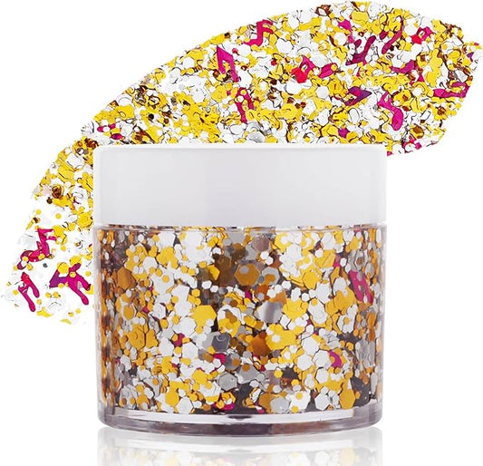 Gold Silver Glitter Gel,Holographic Chunky Singer Concert Body Glitter Rave Music Festival Accessories,Mardi Gras Sequins for Body Hair,Carnival Decorations Face Paint Makeup for Women Kids