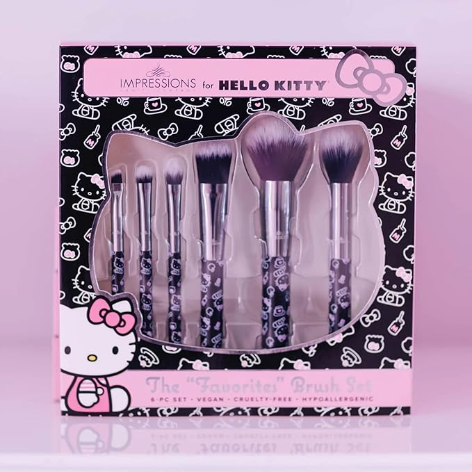 Impressions Vanity Hello Kitty The Favorites 6 PCs Makeup Brush Set, Hello Kitty Signature Bow Super Soft Brushes for Foundation, Face Powder, Blending, Eye shadow, and Liner Application (Black)