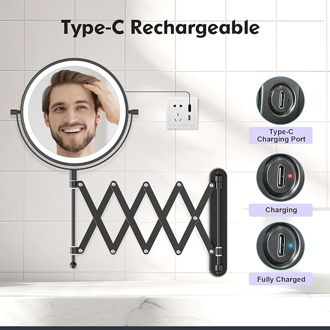 Rechargeable Wall Mounted Makeup Mirror - 8 Inch Double Sided 1X/10X Magnifying Mirror with 3 Color Lights Dimmable Touch Screen, 360°Swivel 19.6 Inch Extendable Accordion Bathroom Mirror - Black
