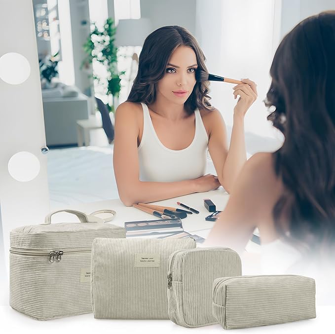 4 Pcs Makeup Bag for Women Corduroy Cosmetic Bag Aesthetic Cute Bags Multi Size Purse Pouch Travel Toiletry Bag Set Makeup Organizer with Zipper(Beige)