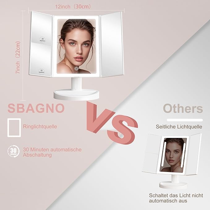 S'bagno LED Makeup Mirror with 1X/2X/5X Magnification, Dimmable Light, Rotation for Beauty, Makeup, Skincare & Grooming