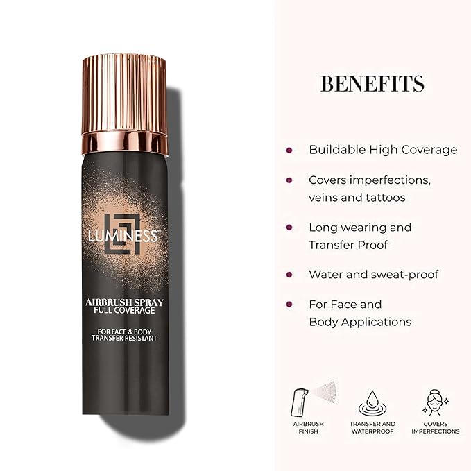 LUMINESS Airbrush Body Coverage - Tattoo Cover Up Makeup - Full Coverage Foundation for Face & Body - Water-Resistant, Long-Wear, Natural Radiant Finish, Medium