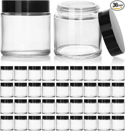 KEYWING 4oz Clear Glass Jars, 36 Pack Round Small Glass Jar with Black Lids Empty Cosmetic Containers with Inner Liners for Lotions, Powders, Cream and Ointments