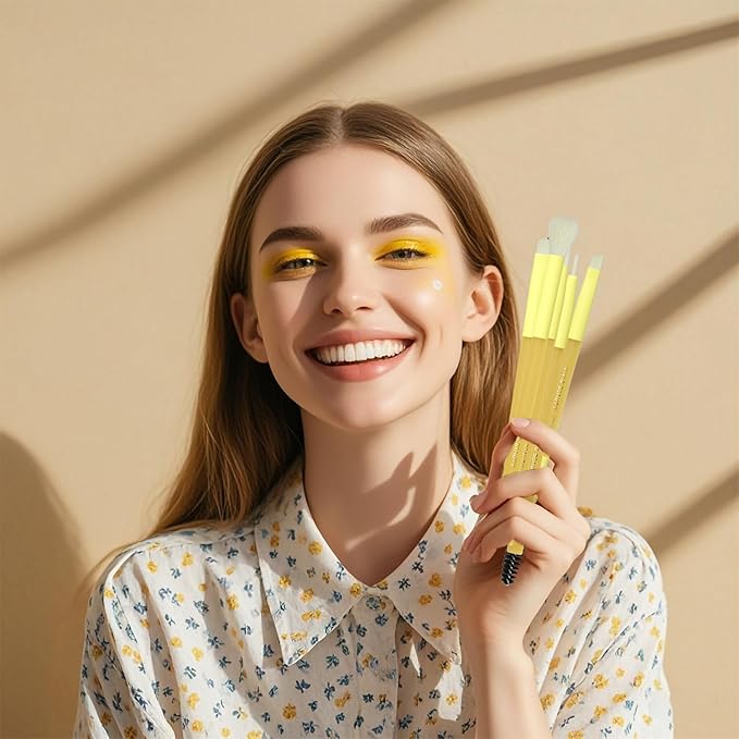 5pcs Yellow Eyes Make up Brush Set Soft Fiber & Rubber Handle Premium Small Brushes Kit, Includes Concealer, Blending, Eyeshadow, Dual-ended Brow and Lash Brushes ideal for Eye Makeup