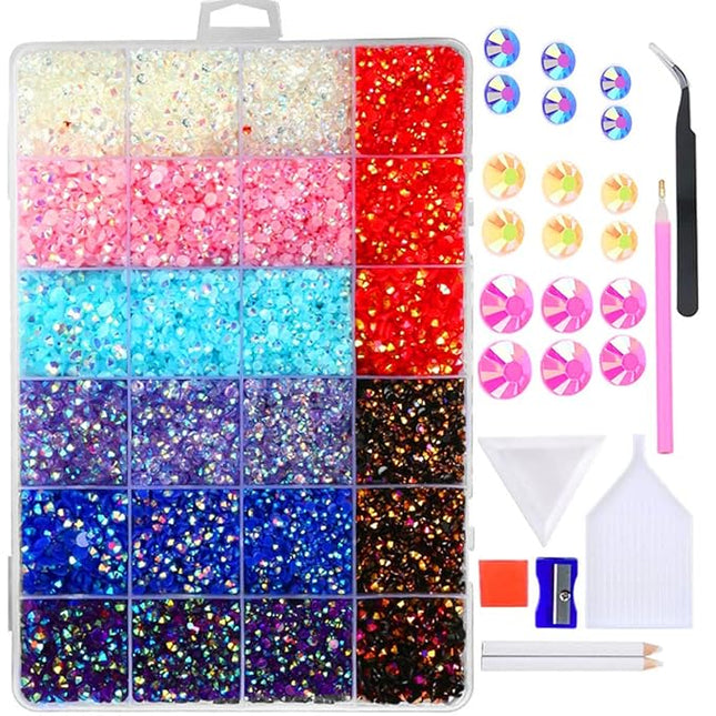 23200PCS Mixed Size 3 4 5MM Jelly ab Resin Rhinestones Box with Tools for Tumblers NailsAB Color Rhinestones Non Hotfix Strass Round Crystal Stones Flat Back Rhinestones for Decoration