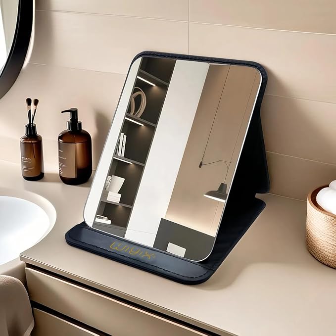 Foldable Travel Makeup Mirror, Adjustable Angle Portable Standing Vanity Mirror, Compact PU Leather Design for Home/Camping/Desktop Use,Classic Black (8.4"x6")