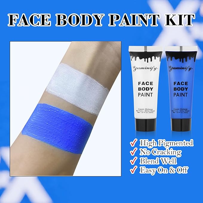 White Blue Face Body Paint with Sponges,1.01oz/pc Water Based Dark Blue Face Painting Kit for Avatar Smurf Mystique Cosplay Makeup,Halloween SFX Makeup Body Paint for Adults and Kids