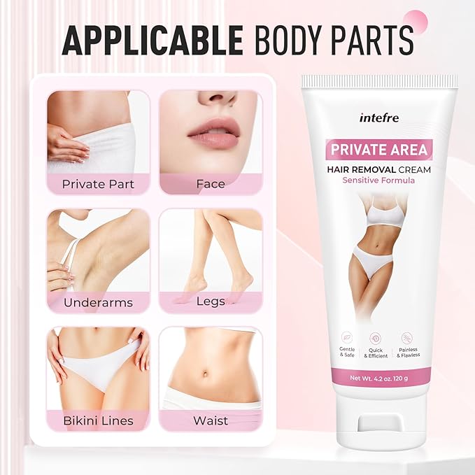 Hair Removal Cream for Women: Painless Depilatory Cream for Bikini Line, Private Areas, Body, Legs, Arms, Underarms, All Skin Types, Gentle & Quick, 120g