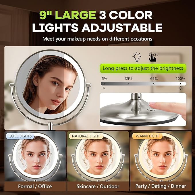 M MIVONDA Makeup Mirror with Lights, Lighted Makeup Mirror with 1X/10X Magnifications, 9 Inch Double Sided Light up Mirror with 360° Rotation