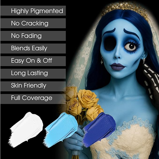 BAD COLOR 3PCS Blue White Light Blue Face Body Paint Stick Makeup for Sally/Corpse Bride SFX Cosplay & Dress Up, Full-Coverage Halloween Facepaint Makeup Kit