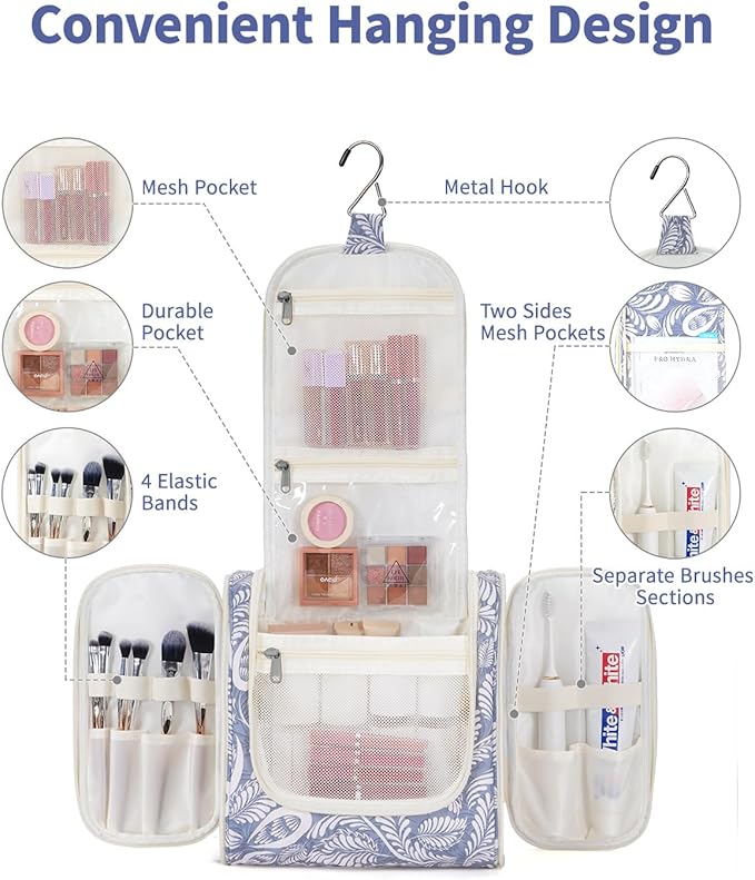Narwey Hanging Toiletry Bag for Women Travel Makeup Bag Organizer Toiletries Bag Men for Cosmetics Essentials Accessories(Large, Blue Leaf)