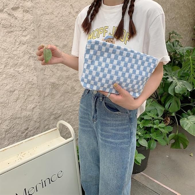 PAZIMIIK Knit Checkered Makeup Bag Large Zipper Make Up Accessory Pouch for Purse Cosmetic Brush Bag for Travel Essential,Blue