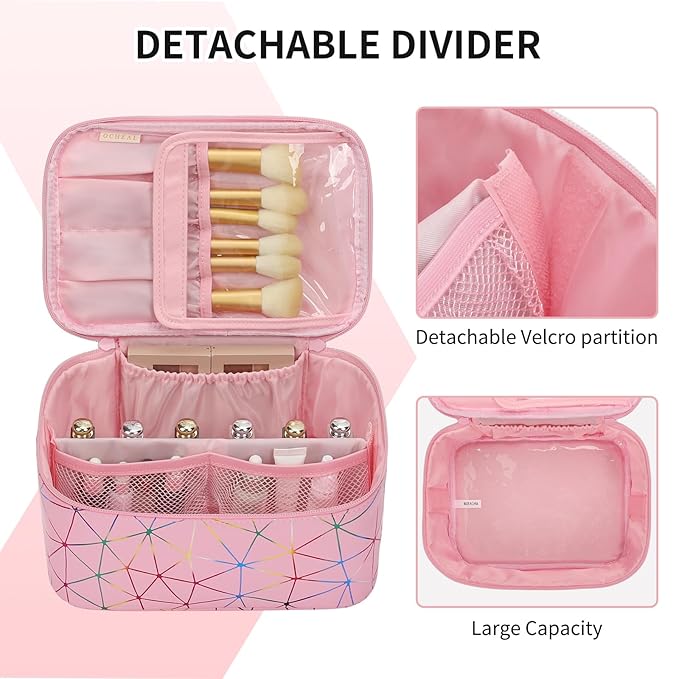 OCHEAL Makeup Bag - Portable Large Capacity Travel Cosmetic Case for Women with Handle and Divider Toiletry Organizer for Girls on the Go -Geometric Pink