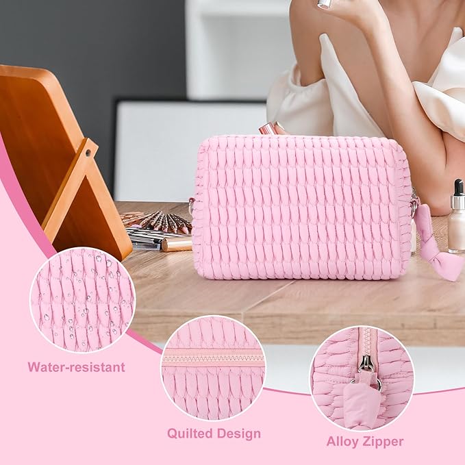 Quilted Makeup Bag Ruffle Cosmetic Bag, Travel Toiletry Bag for Women with Wrist Strap, Cute Makeup Bag Organizer, Portable Aesthetic Make up Organizer Bag for daily work Gift Giving (PINK)