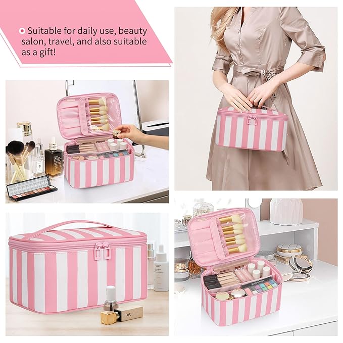 OCHEAL Makeup Bag,Travel Makeup Organizer Bag, Large Capacity Cosmetic Bags For Women Large Travel Toiletry Bag Girls Traveling With Brush Slot And Divider-Stripes Pink