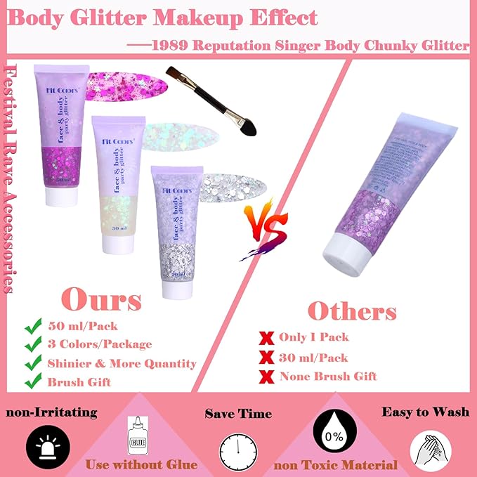 Body Glitter Face Glitter Gel: Singer Concerts Disco Festival Rave Accessories Face Glitter Makeup 150ml Chunky Sequins Mermaid Face Body Hair Glitter Gel (White&Silver&Purple)