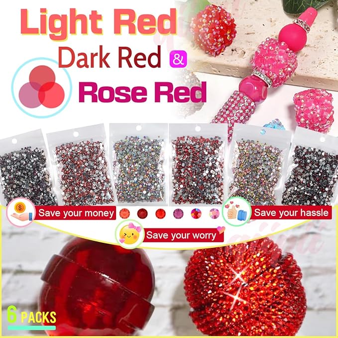 6 Bags Colorful Rose & Red Series Resin Rhinestones for Bedazzling Crafting 3mm 4mm 5mm Mix Flatback Stones Gems Diamonds Crystals for Nails Face Eyes Makeup Crafts Tumblers Bottles Clothes